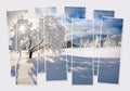 Isolated eight frames collage of picture of sunny winter scene of Carpathian village. Royalty Free Stock Photo