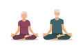 Isolated elderly woman and man sitting in lotus pose on white background. Grandparents doing yoga. Healthy and active