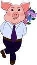 Isolated Emoji character cartoon Pig embarrassed, shy and blushes with a bouquet of flowers