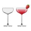 Isolated empty and full coupe glasses. Strawberry cocktail