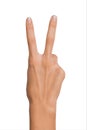 Isolated Empty open woman female hand in position of Peace Sign and Number Two on a white background Royalty Free Stock Photo