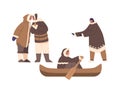 Isolated Eskimo Characters Riding Boat, Greeting Each Other With Nose-to-nose Touch, Gesturing. Inuit People Lifestyle