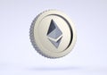 Isolated Ethereum ETH simple silver coin on neutral background in realistic 3D rendering. Cryptocurrency, 2p2 exchange and