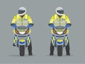 Isolated european motorcycle patrol officer looks right and left. Front view of a traffic police officer on motorbike.