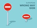Isolated european wrong way sign. Front and top view.