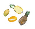Isolated exotic asia fruit on white background. Assorted tropical summer fruits. Mango and pineapple. Top view fresh fruit flat la Royalty Free Stock Photo