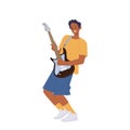 Isolated expressive teenager boy cartoon character playing electric bass guitar musical instrument Royalty Free Stock Photo