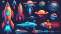 Isolated fantasy cosmic objects: UFOs, rockets with planets or asteroids, alien shuttles. Computer game graphic design