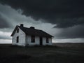 Isolated Farmhouse Weathers the Storm. A lone white farmhouse stands isolated in a field