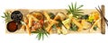 Isolated Fast Food - Vegetable Tempura with Soy and Dipping Sauce - Panorama Royalty Free Stock Photo