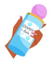 Isolated female hand of mulatto girl with pink nail polish holding bottle with shampoo and balm