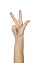 Isolated female hand shows the number three on white background Royalty Free Stock Photo