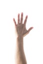 Isolated female woman human hand open palm raising up on white background expressing vote, volunteering