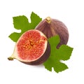 Isolated figs. Ripe juicy raw fig fruit, cut half with pulp and seeds and green fresh leaf isolated on white background with Royalty Free Stock Photo