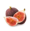 Isolated figs. Ripe juicy raw fig fruit and cut slice and half with pulp and seeds isolated on white background, close-up Royalty Free Stock Photo