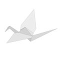 Isolated figure of japanese crane folded from white paper in origami style on white background.