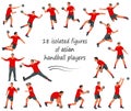 18 isolated figures of Asian handball players and goalkeepers in red t-shirts standing in the goal, running, throwing the ball,