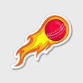 Isolated Flaming Cricket Ball In Sticker Style Over Grey