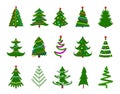 Isolated flat christmas tree. Graphic green trees, different cartoon xmas firs. Simple new year decorate symbols