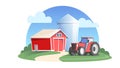 Isolated flat emblem farm barn and tractor rural composition