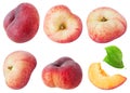 Isolated flat peaches. Collection of round (donut) peach fruit in different angles with leaves isolated Royalty Free Stock Photo