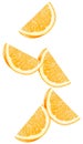 Isolated flying oranges. Falling orange pieces isolated on white background with clipping path.