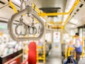 Isolated focus.Railway Stainless steel hand holder inside public buses transportation