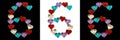 Isolated Font number 6 made of colorful glass hearts on white and black backgrounds and with sparkles