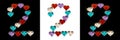 Isolated Font number 2 made of colorful glass hearts on white and black backgrounds and with sparkles