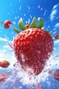 water fresh background red healthy splash blue fruit freshness strawberry food. Generative AI.