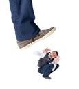 Isolated foot, squash and scared man with screaming, anxiety and problem by white background. Giant shoes, businessman