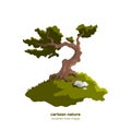 Isolated forest tree. Fantasy landscape with old oak. Bonsai in cartoon style on white background Royalty Free Stock Photo