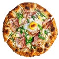 Isolated fresh carbonara pizza with ham and egg