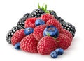 Isolated fresh berries. Pile of raspberry, blackberry and blueberry fruits isolated on white background with clipping path. Royalty Free Stock Photo