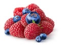 Isolated fresh berries. Pile of raspberry and blueberry fruits isolated on white background with clipping path. Royalty Free Stock Photo