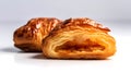 Isolated fresh, ruddy pastry lies on a white glossy surface