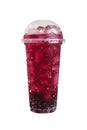 Isolated Front View of Iced Grape Soda in plastic cup with plastic cap. Studio shot