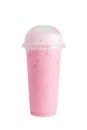 Isolated Front View of Iced Pink Milk in plastic cup with plastic cap. Studio shot