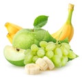 Isolated fruits. Banana, apple, green (yellow) grapes with leaves isolated on white background with clipping path. Royalty Free Stock Photo