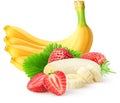 Isolated fruits. Bunch of bananas fruit and pile of strawberries isolated on white background with clipping path. Royalty Free Stock Photo