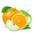 Isolated fruits. Cut green apples and orange fruits isolated on white background with clipping path Royalty Free Stock Photo