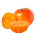 Isolated one whole and two half persimmon on white background