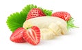Isolated fruits. Peeled banana fruit and pile of strawberries isolated on white background with clipping path. Royalty Free Stock Photo