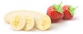 Isolated fruits. Peeled half of banana with slices and strawberries isolated on white, clipping path. Royalty Free Stock Photo