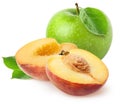 Isolated fruits. Two peach half slices with green apple fruit isolated on white with clipping path. Royalty Free Stock Photo