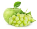 Isolated fruits. Wet apple fruit and green (yellow) grapes with leaves isolated on white background with clipping path. Royalty Free Stock Photo