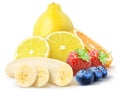 Isolated fruits. Whole lemon and slices, half of banana, strawberries, blueberries isolated on white with clipping path Royalty Free Stock Photo