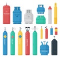 Isolated gas cylinder set. Industrial cylinders, metal tanks and canisters. Propane, oxygen and petroleum storage Royalty Free Stock Photo