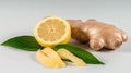 Isolated ginger and lemon pieces. Natural medicine, antiflu ingredients isolated on white background.