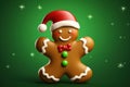 Isolated gingerbread cookie with wintry glaze and smile, wearing in Santa hat on green background, perfect for adding
